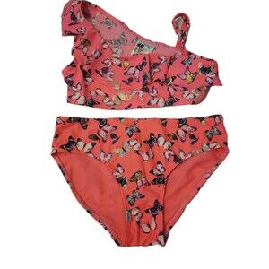 H & M Girls Sz 8/10 Two Piece Swimsuit Pink Butterfly Ruffle Top